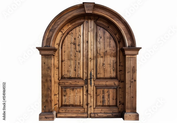 Obraz Beautiful wooden door with arched top, two panels, isolated on white, detailed photo.