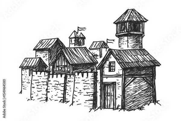 Obraz Ink drawing of medieval village, stone walls, wooden towers, white background, simple lines.