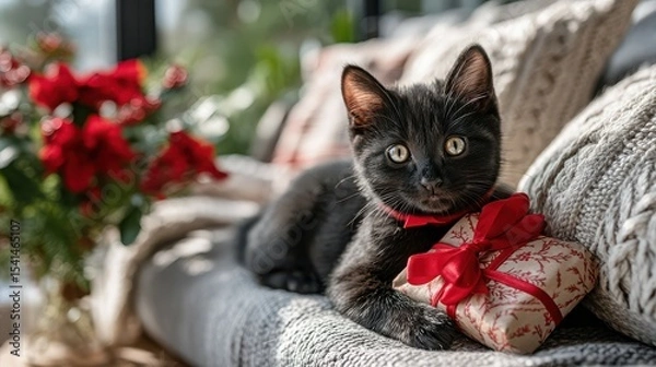 Fototapeta Friendly Black Cat with Red Bow by Gift Package