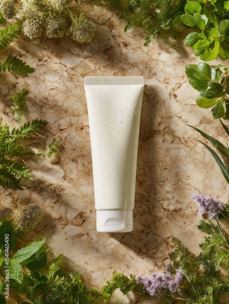 Fototapeta Skincare tube placed on polished marble surface surrounded by fresh greenery and herbs, creating serene and natural atmosphere. product is ideal for enhancing beauty routines