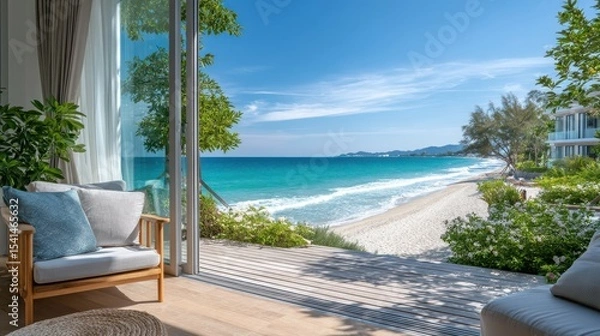 Fototapeta Stylish Coastal View From Inside Modern Space