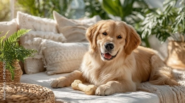 Fototapeta Proud Golden Retriever Sitting in Cozy Indoor Space