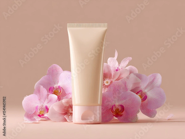 Fototapeta Skincare tube surrounded by delicate pink orchids creates serene and elegant composition, perfect for beauty and wellness themes. soft colors evoke sense of calm and freshness