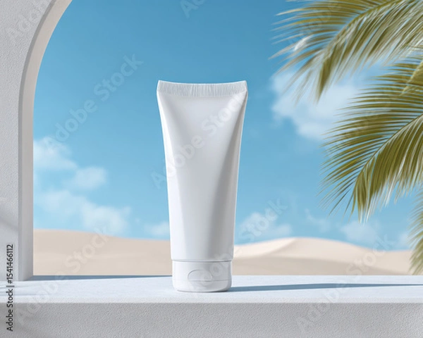 Fototapeta Sleek white tube of sunscreen gel is elegantly displayed against backdrop of clear blue sky and palm leaves, evoking sense of summer and relaxation