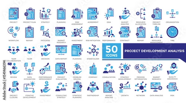Fototapeta Project development analysis icon solid two color set collection. This set includes project plan,strategy,risk assessment,market research and more icons in solid style. Icon collection for infographic