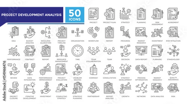 Fototapeta Project development analysis lineal icon set collection. This set includes project plan,strategy,risk assessment,market research and more icons in lineal style. Vector icons collection for infographic