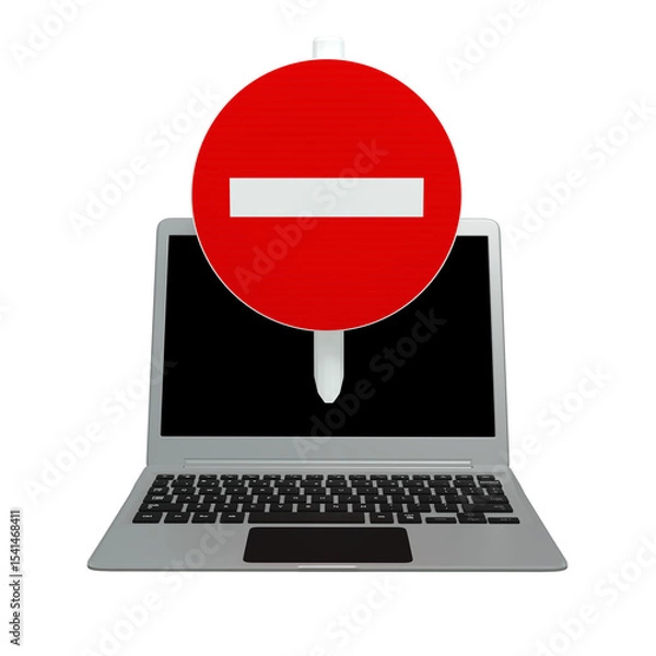 Fototapeta panneau sens interdit qui sort de l'écran d'un ordinateur portable, concept de site internet interdit ou bloqué - illustration 3D sur fond blanc