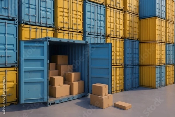Fototapeta Stacked blue and yellow shipping containers display the bustling world of global trade and logistics, with cardboard boxes ready for export or import operations.