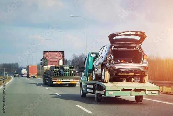 Fototapeta Highway towing service for wrecked automobile