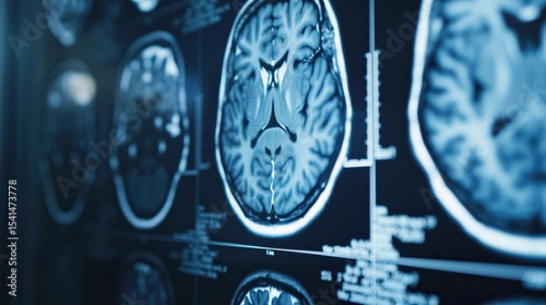 Obraz Close-up of neurological MRI scan showing white matter lesions, representing multiple sclerosis diagnosis and brain disease research, medical concept with copy space.