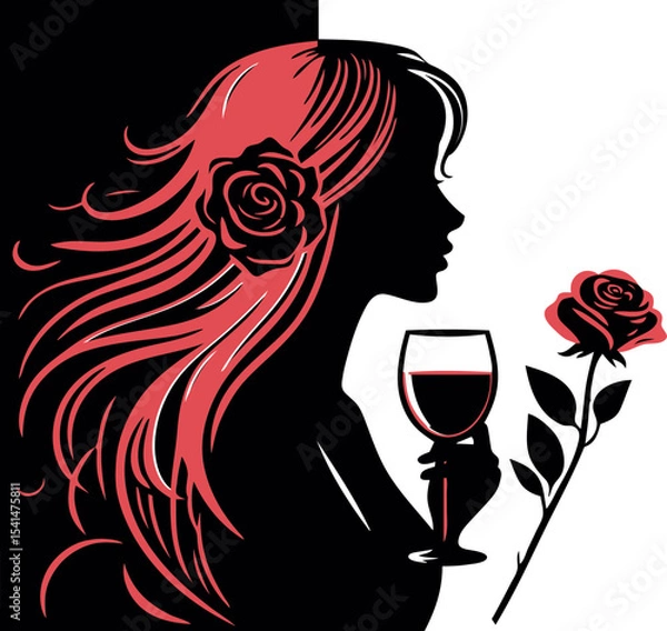 Obraz A black-and-white silhouette of a woman with flowing red hair and a single red rose. She is holding a glass of red wine, and her gaze is directed towards the wine. Moment of Indulgence