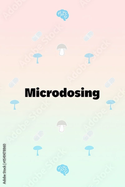 Fototapeta Microdosing word in elegant modern lettering with icons of capsules and brain on soft pastel background, Flat Illustration..
