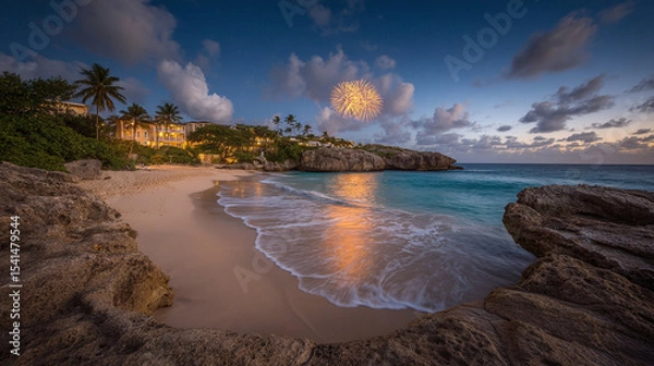 Fototapeta Fireworks over Tropical Beach and Resort at Dusk