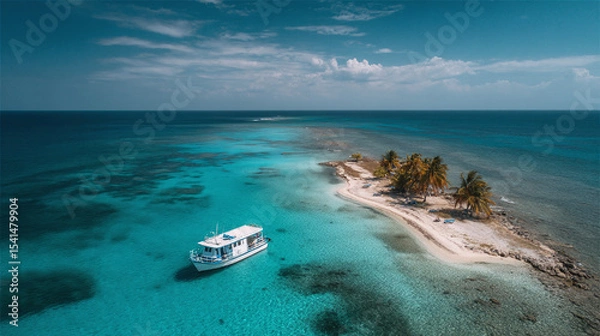 Fototapeta Secluded Tropical Island with Boat, Aerial View