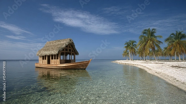 Fototapeta Tropical Thatched Hut Boat House on Calm Ocean
