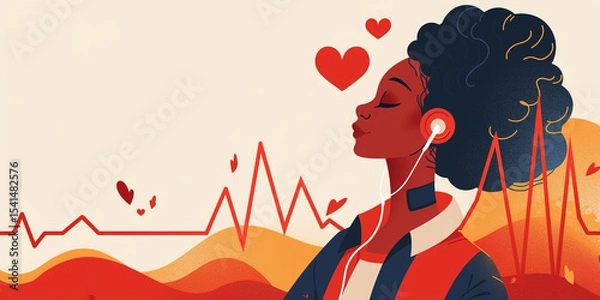 Obraz Woman listening to music with earphones and heart rate line background, peaceful expression, health awareness concept, warm color palette, minimalist style