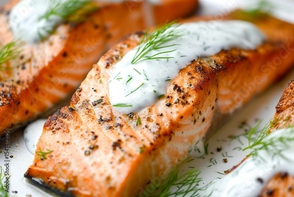 Fototapeta Grilled salmon with creamy dill sauce and fresh herbs on platter
