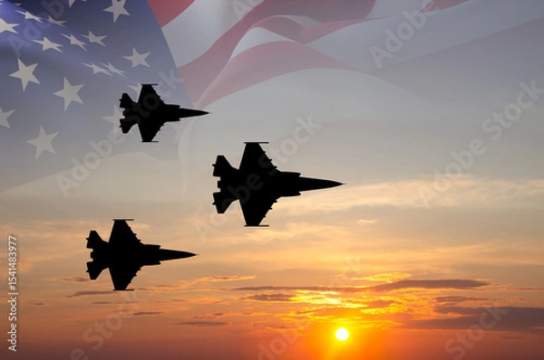 Obraz Fighter aircrafts with USA flag against the sunset sky