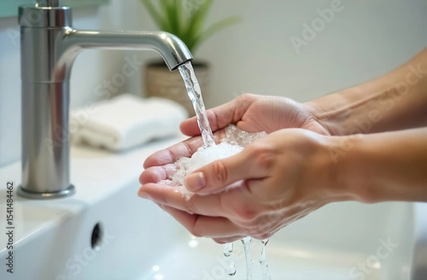 Obraz Human hands washing under faucet in bright bathroom