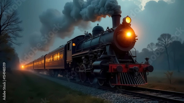 Obraz A vintage black steam locomotive rides on the rails in the evening, emitting smoke