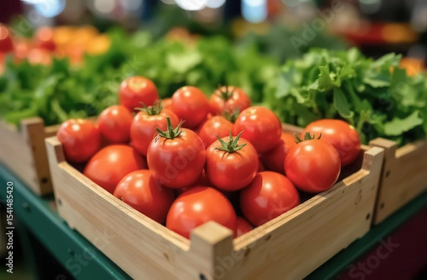 Obraz Fresh tomatoes and herbs are in wooden boxes in the store