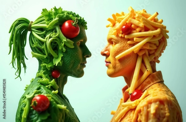 Obraz  Two human profiles made from healthy vegetables, on the one hand, and fast food, on the other, contrast between healthy and unhealthy diets.