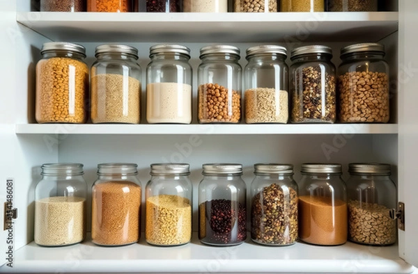 Obraz Glass jars with various cereals are on the shelves in a white cabinet