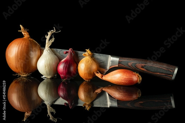 Obraz Various fresh onion types arranged with chef's knife on reflective black surface, perfect for culinary and cooking themes