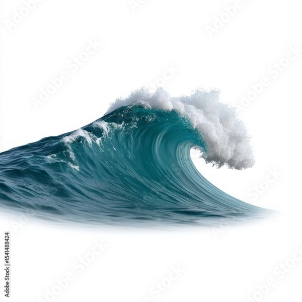 Obraz Serene Ocean Wave: Photorealistic Rendering of Elegant Cresting Wave with Blue Tones and Soft Foam Details on White Background