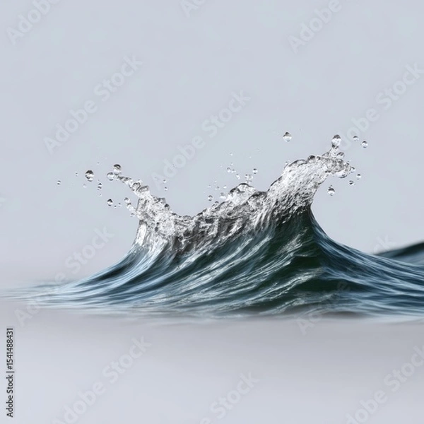 Obraz Dynamic Mid-Sized Wave with Layered Liquid Flow and Scattered Droplets on White Background, Photorealistic Water Motion Capture