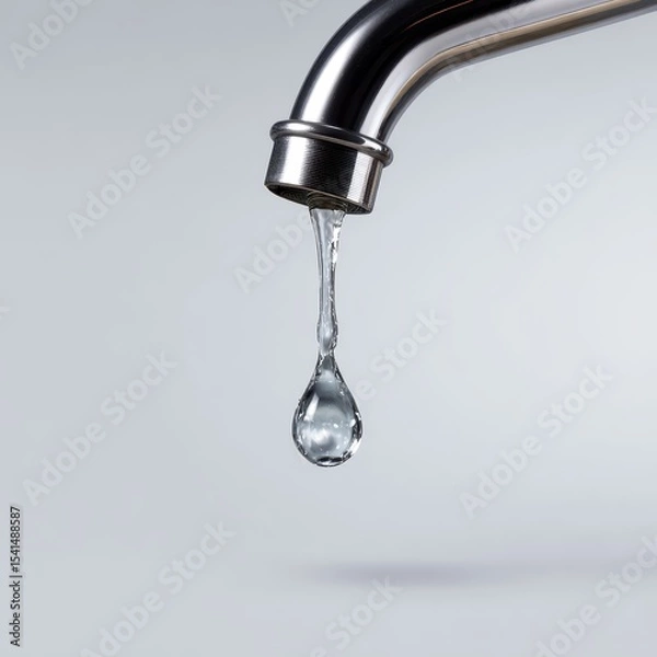 Obraz slow dripping water stream from invisible edge forming smooth bead at tip ready to fall soft light glint and gravity stretch effect clean white background, Photorealistic