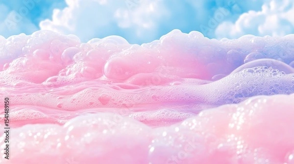 Fototapeta Dreamy pink and blue cloudscape with bubbles and soft hues