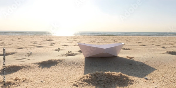 Obraz Paper Boat on Sandy Beach Under Sunny Sky