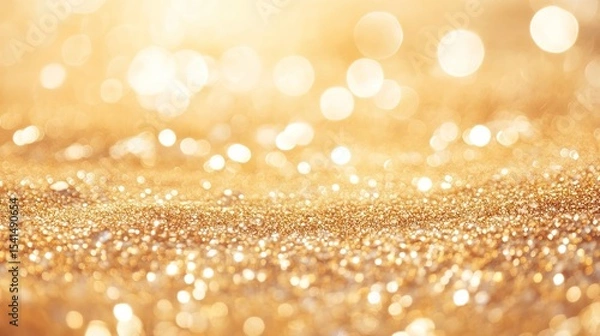 Fototapeta Golden glittering abstract bokeh background with warm light glow