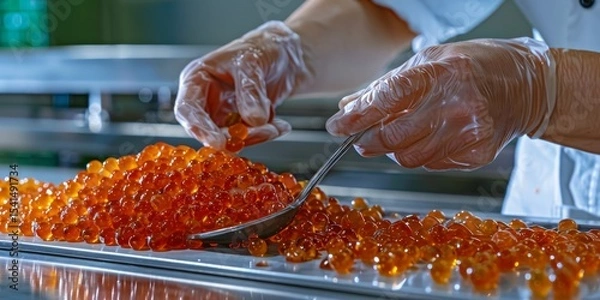Fototapeta Gloved hands inspecting red caviar in food processing plant ensuring quality control