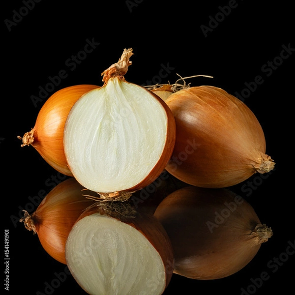 Obraz Fresh yellow onions whole and halved showing natural layers and texture on reflective black background for cooking themes