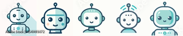 Fototapeta Cute Robot Icon Set – Flat Minimalist Cartoon Robots Collection for App, UI, Sticker, Mascot, and Web Design