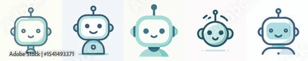Fototapeta Cute Robot Character Icon Set – Flat Minimalist Robots Collection for App, UI, Game, Technology, and Web Design