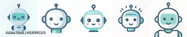 Fototapeta Cute Robot Icon Set – Flat Minimalist Cartoon Robots Pack for App, UI, Game, Web, and Sticker Design