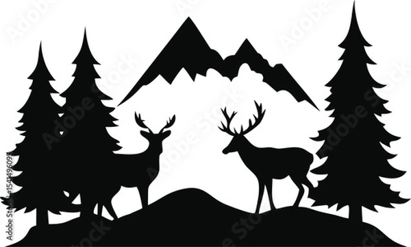 Obraz Deer silhouettes stand among trees with mountains in the background