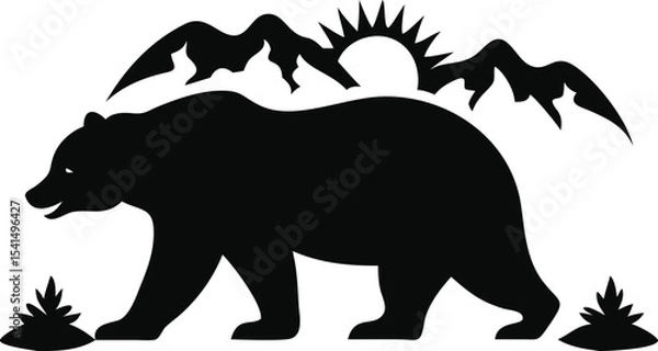 Obraz Bear walking in a landscape with mountains and sun isolated on white