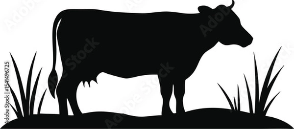 Obraz Silhouette of a cow standing in a grassy field isolated on white