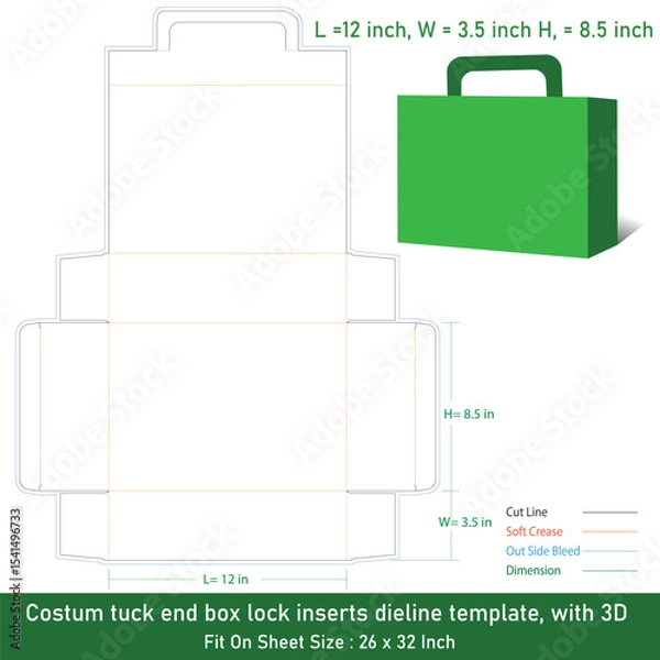 Fototapeta Tuck end box costum lock inserts dieline template, with 3D