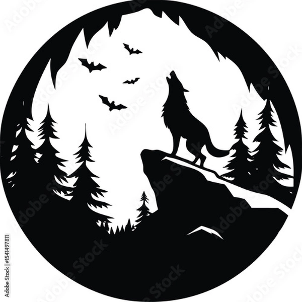 Obraz Wolf howling at the moon in a forest with bats at night