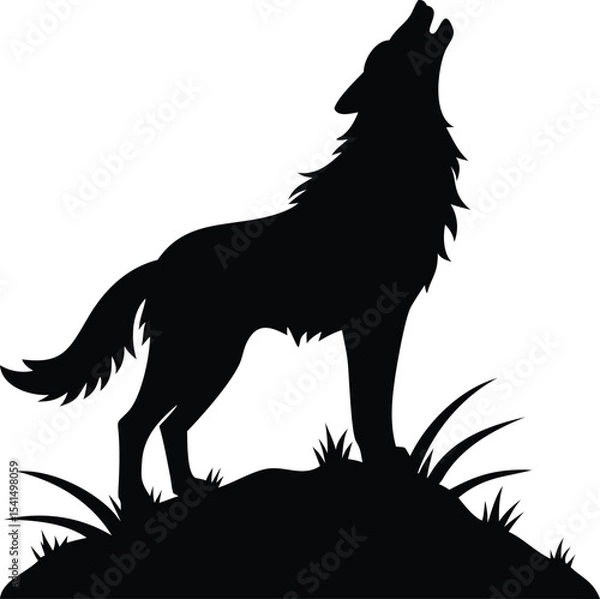 Obraz Silhouette of a wolf howling on a hill isolated on white background