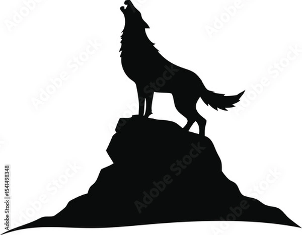Obraz Silhouette of a wolf howling on a rock isolated on white background