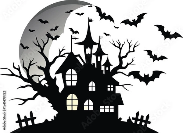Obraz Haunted house silhouette with bats flying in front of the moon