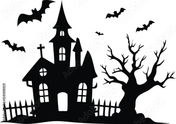 Obraz Silhouette of a haunted house with bats and a dead tree on halloween