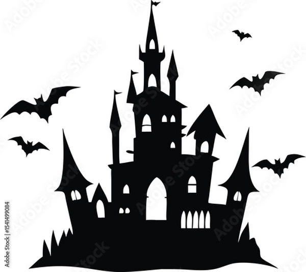 Obraz Silhouette of a spooky castle with bats isolated on white background