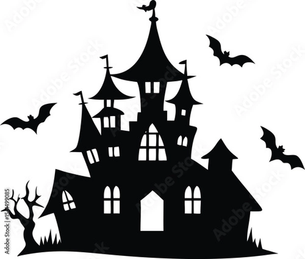 Obraz Silhouette of a spooky haunted castle with bats isolated on white